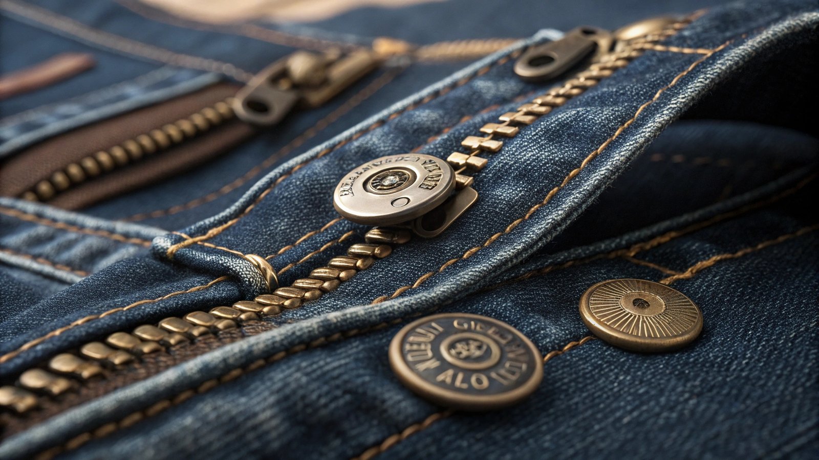 Buttons, rivets, and zippers with logo engraving.