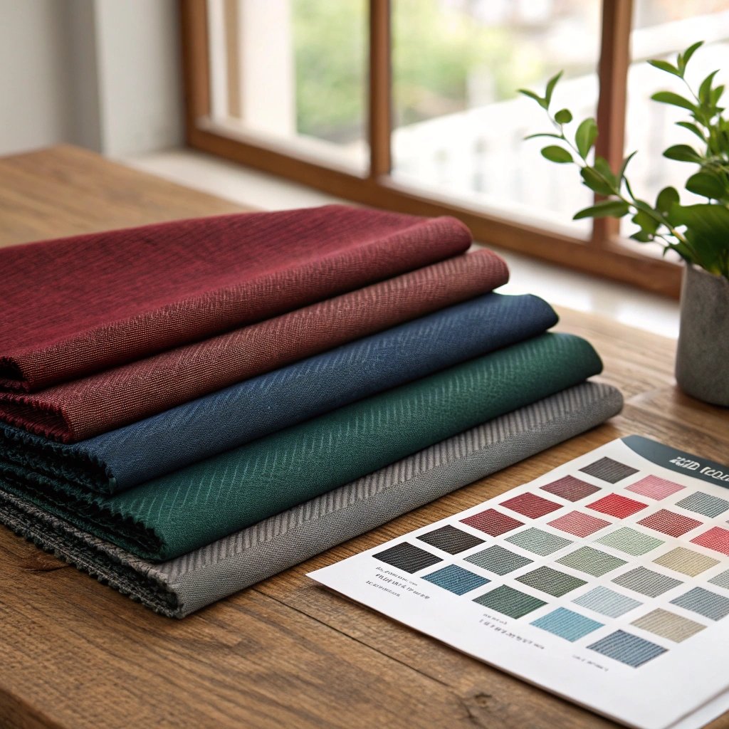 Colorful fabric swatches stacked on a wooden table next to a textile color chart near a window.
