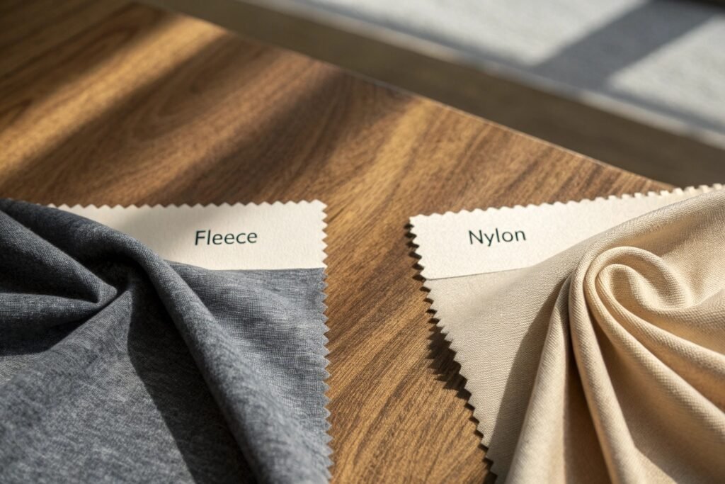 High-quality fleece and nylon swatches for custom garment production.