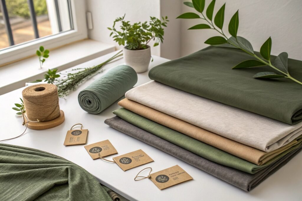 Sustainable cotton fabrics for custom denim with recyclable packaging tags.