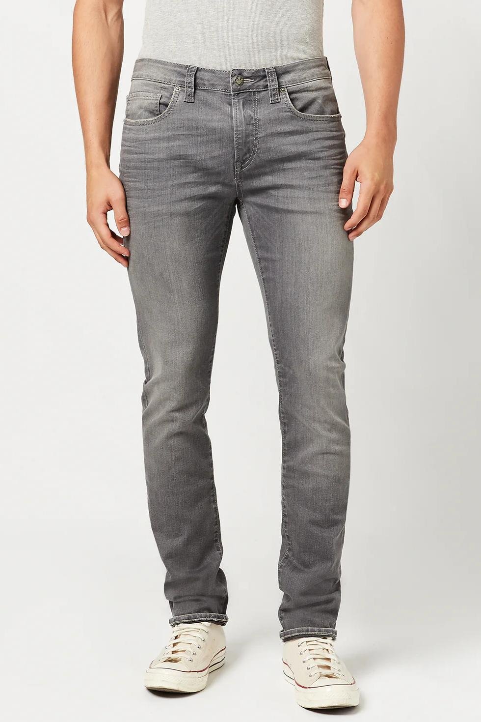 Slim fit grey denim jeans featuring a clean silhouette, classic five-pocket design, and a soft washed finish. Suitable for everyday wear and modern casual collections.