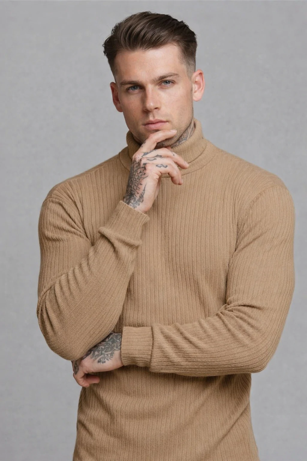 Ribbed turtleneck knit sweater featuring a slim silhouette, soft knit fabric, and clean vertical texture. Designed for warmth, comfort, and everyday wear.