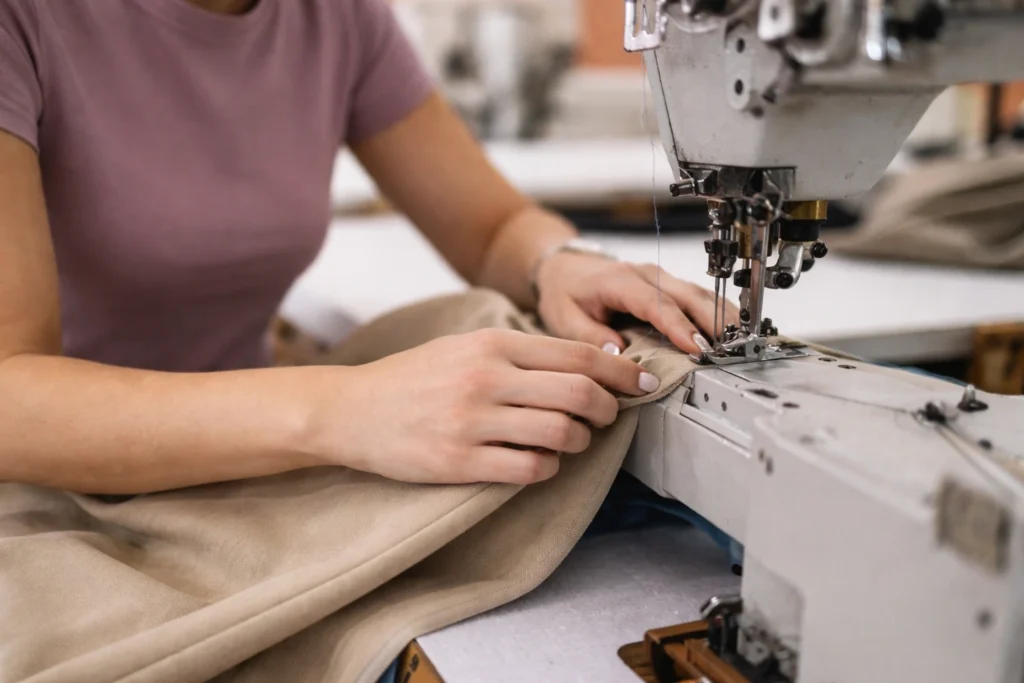 Close-up view of skilled garment sewing using industrial sewing machines, highlighting precision stitching and quality control in professional apparel manufacturing.
