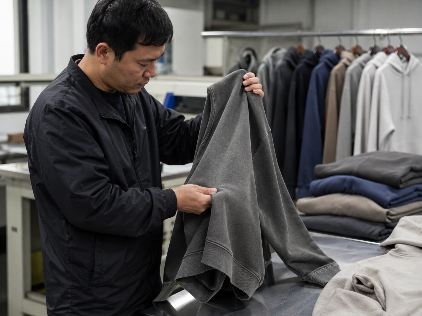 Heavyweight hoodie hand feel inspection