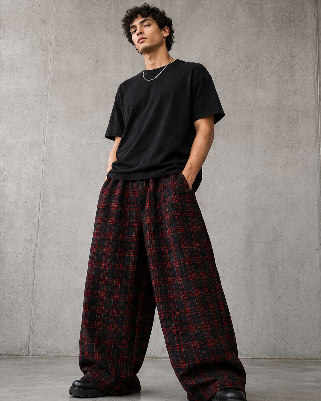 Custom relaxed wide leg plaid pants