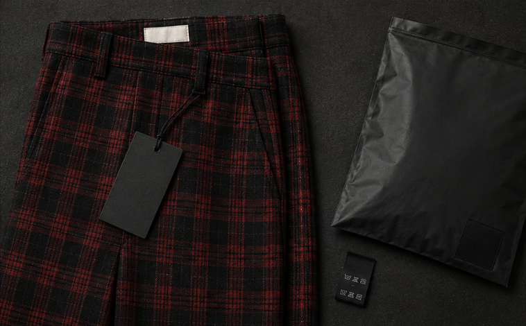 Custom plaid pants branding and packaging